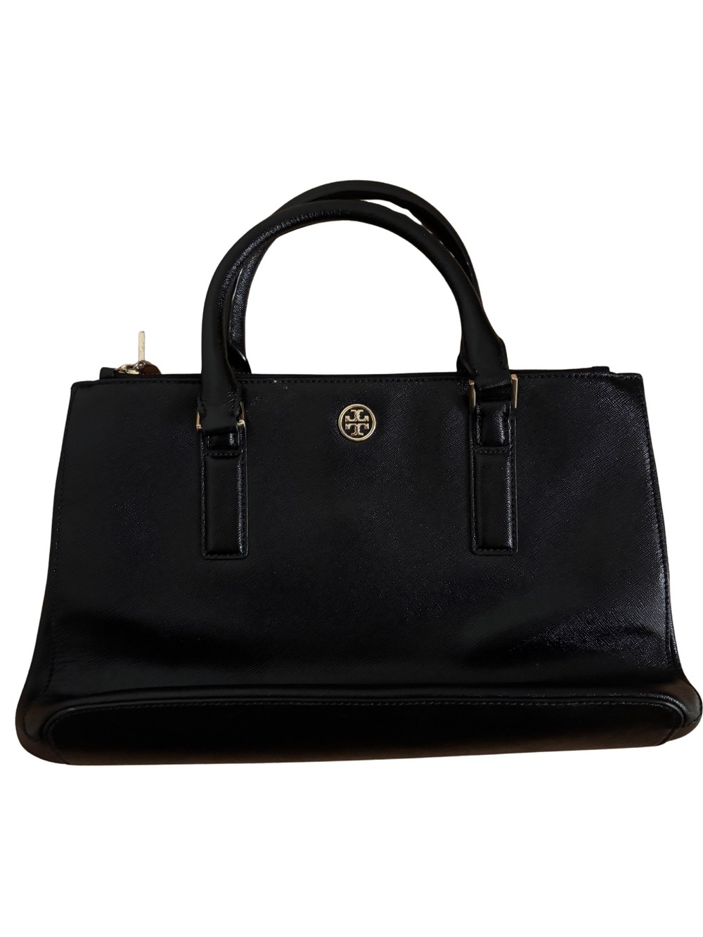 Tory Burch “Robinson” Black Saffiano Double-Handle Satchel with Gold Logo